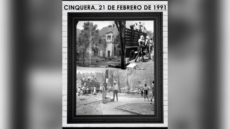 Collage de imágenes de Cinquera durante su repoblación. Crédito: Museo de la Memoria Histórica Cinquera.